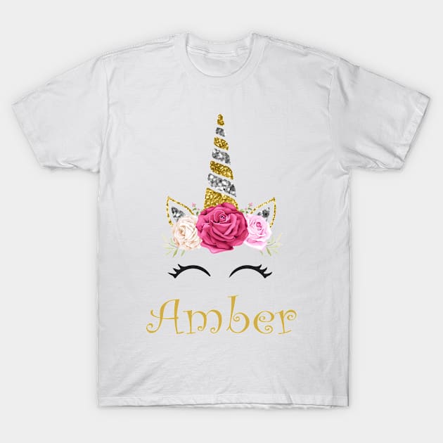 Amber | Personalized Name With Unicorn And Flowers For Girls And Women T-Shirt by Dizak Design